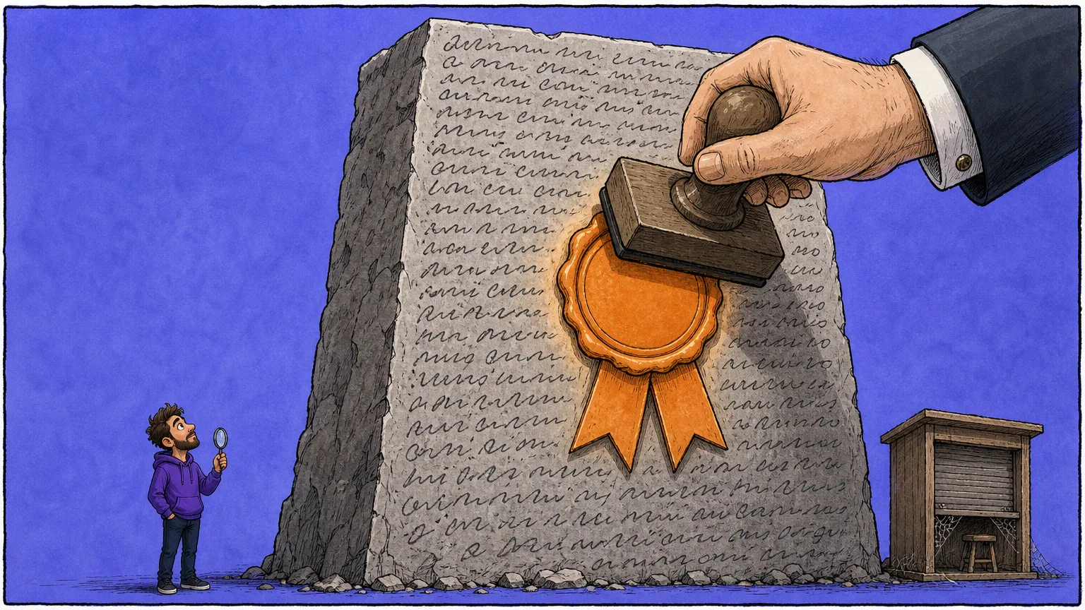 A small figure in a purple hoodie holds a magnifying glass at the foot of an enormous stone slab covered in illegible handwriting, while a giant suited hand presses a rubber stamp onto the slab to leave a glowing orange seal and the empty inspection booth beside it sits shuttered