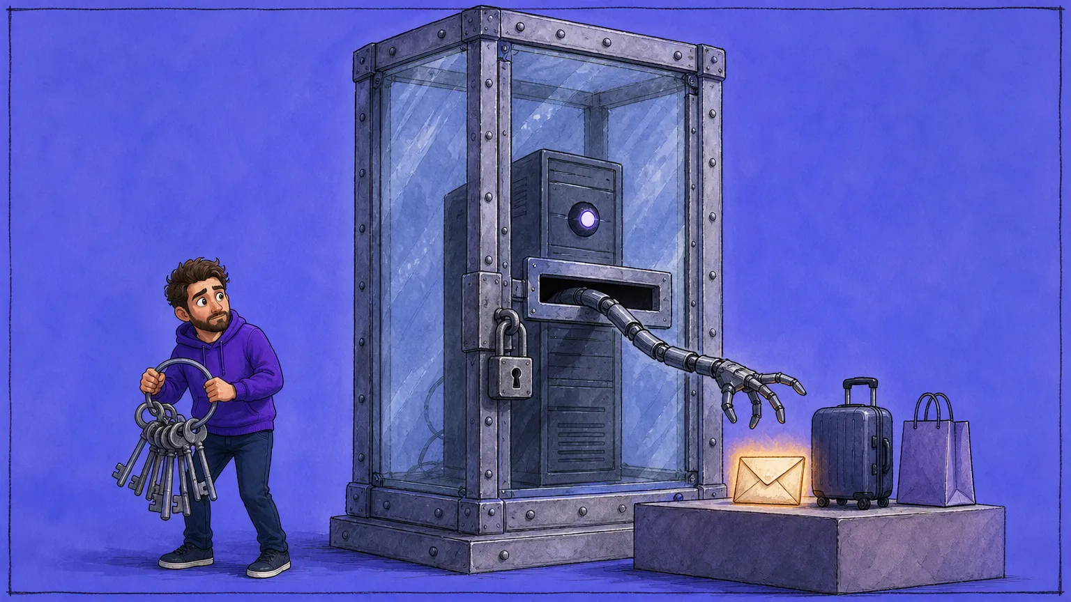 A small figure in a purple hoodie holds an oversized ring of keys beside a towering padlocked glass case, inside which a lone server tower reaches a mechanical arm out through a narrow slot toward a glowing envelope, a suitcase and a shopping bag