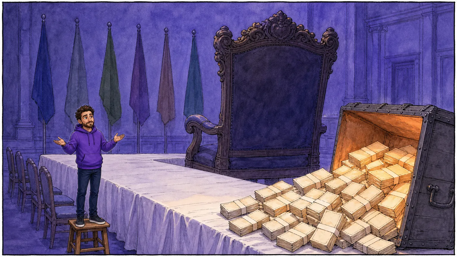 A small figure in a purple hoodie stands on a stool at the end of a long banquet table in a grand hall of plain unmarked flags, dwarfed by a colossal ornate chair at the head that is turned to face away from the room, as a huge strongbox spills bundles of blank banknotes onto the table
