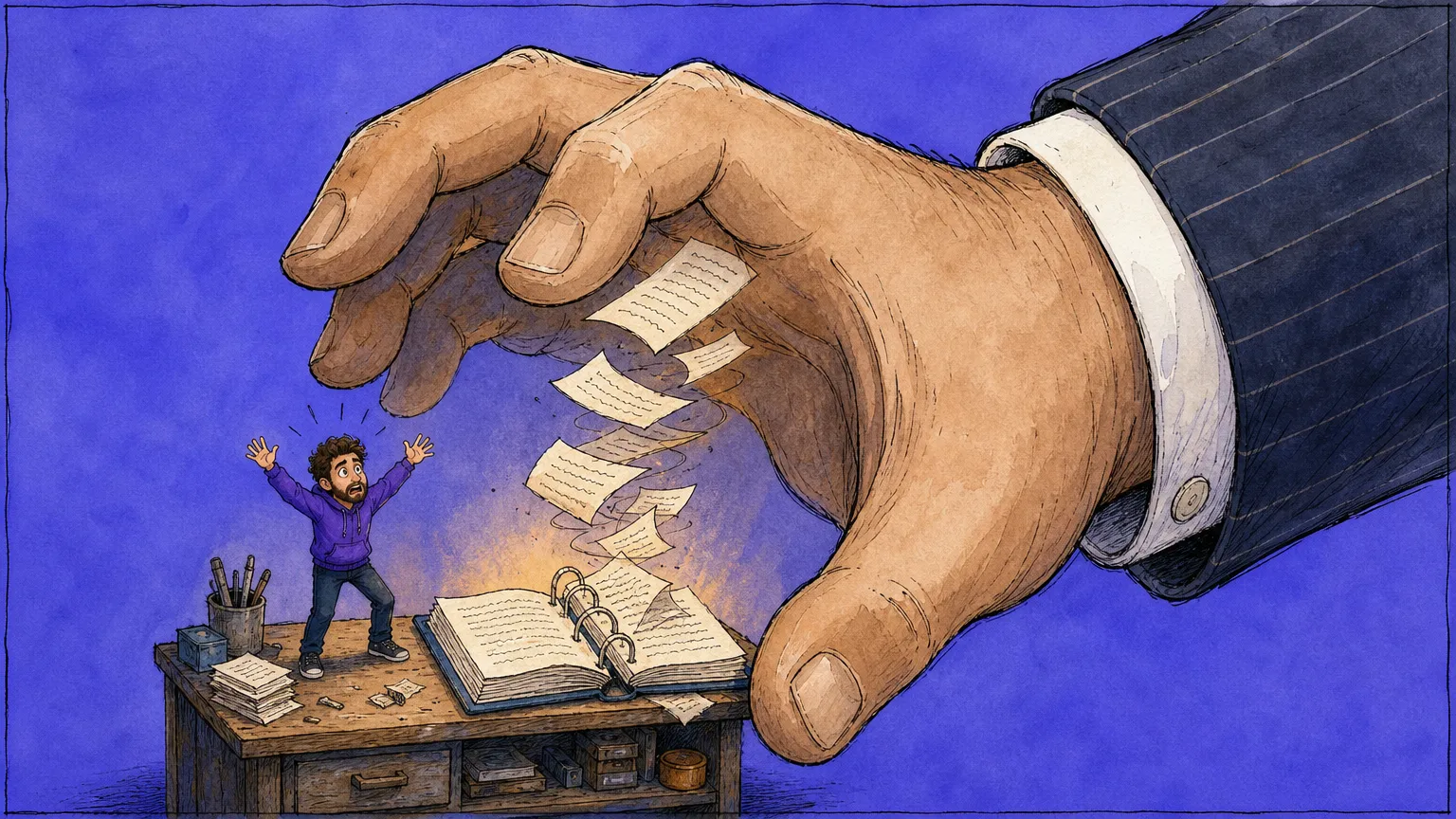 A giant hand in a pinstripe suit sleeve lifts loose pages out of an open ring binder on a desk while a tiny developer beside it throws both arms up