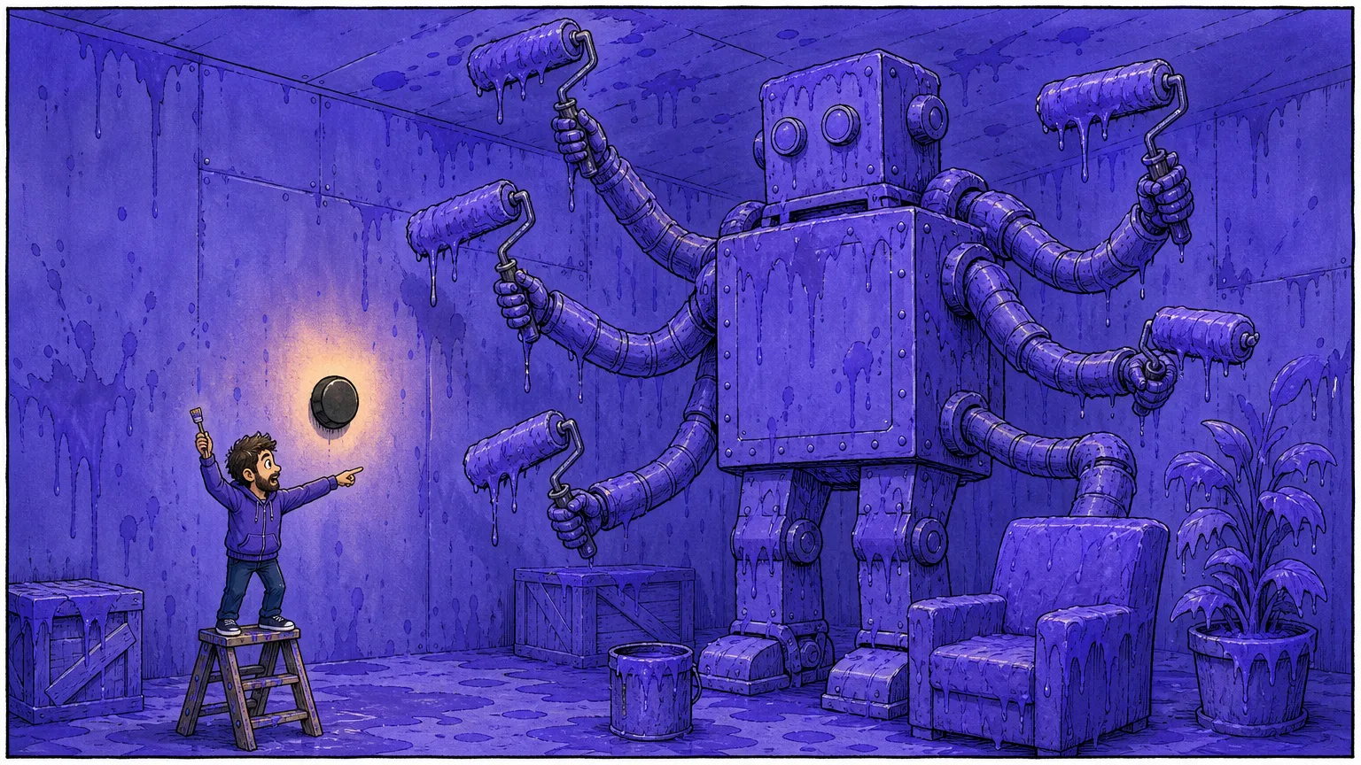 A towering multi-armed robot holding paint rollers has coated an entire room in purple while a small figure on a stepladder points at the one round button left unpainted