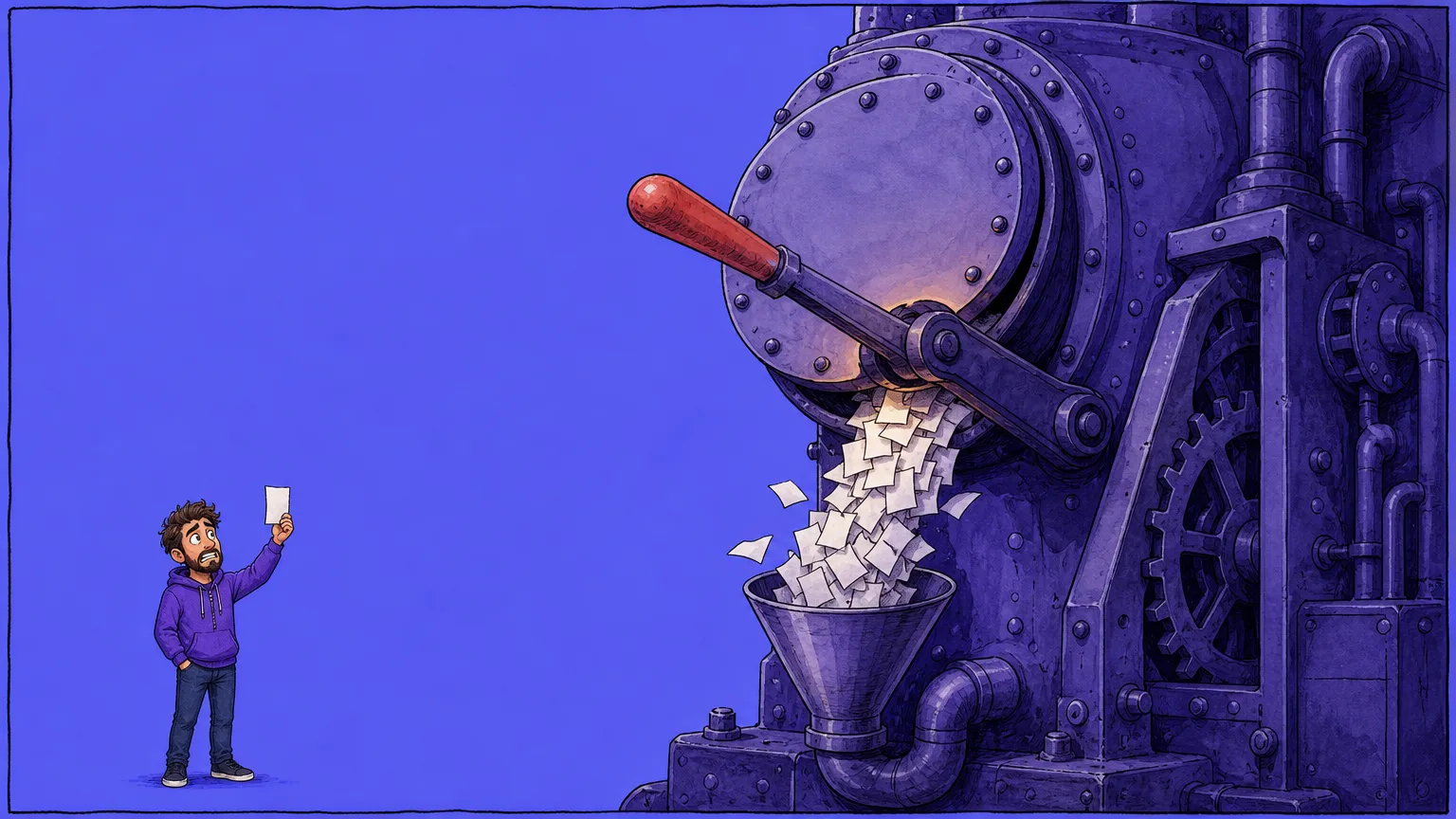 A riveted industrial machine dumps a stream of blank paper slips into a funnel while a small figure below holds up a single slip
