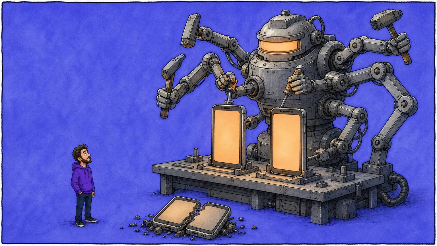 A many-armed robot bolting together two identical phones side by side on a workbench while a builder watches and a cracked single phone lies discarded on the ground