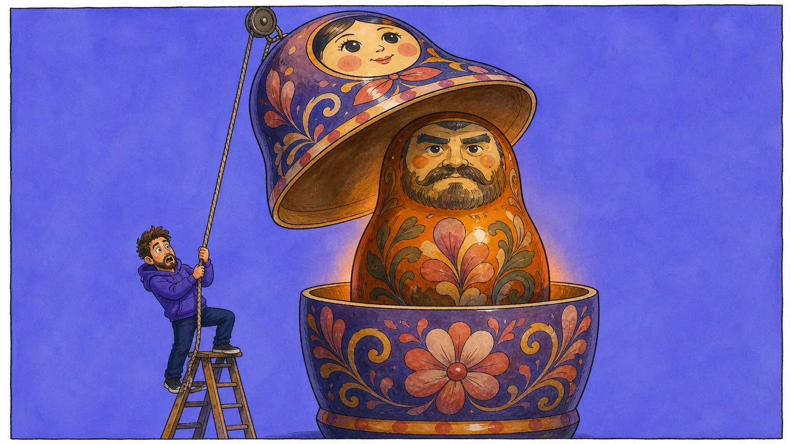 A builder on a ladder hauling the lid off a giant matryoshka doll to reveal a different, sterner doll nested inside