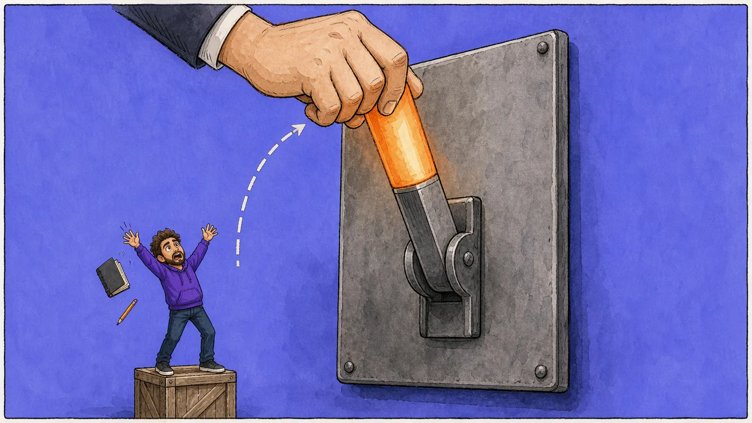 A giant hand in a suit cuff shoving a large wall-mounted lever back into the on position while a small builder on a crate throws up both arms