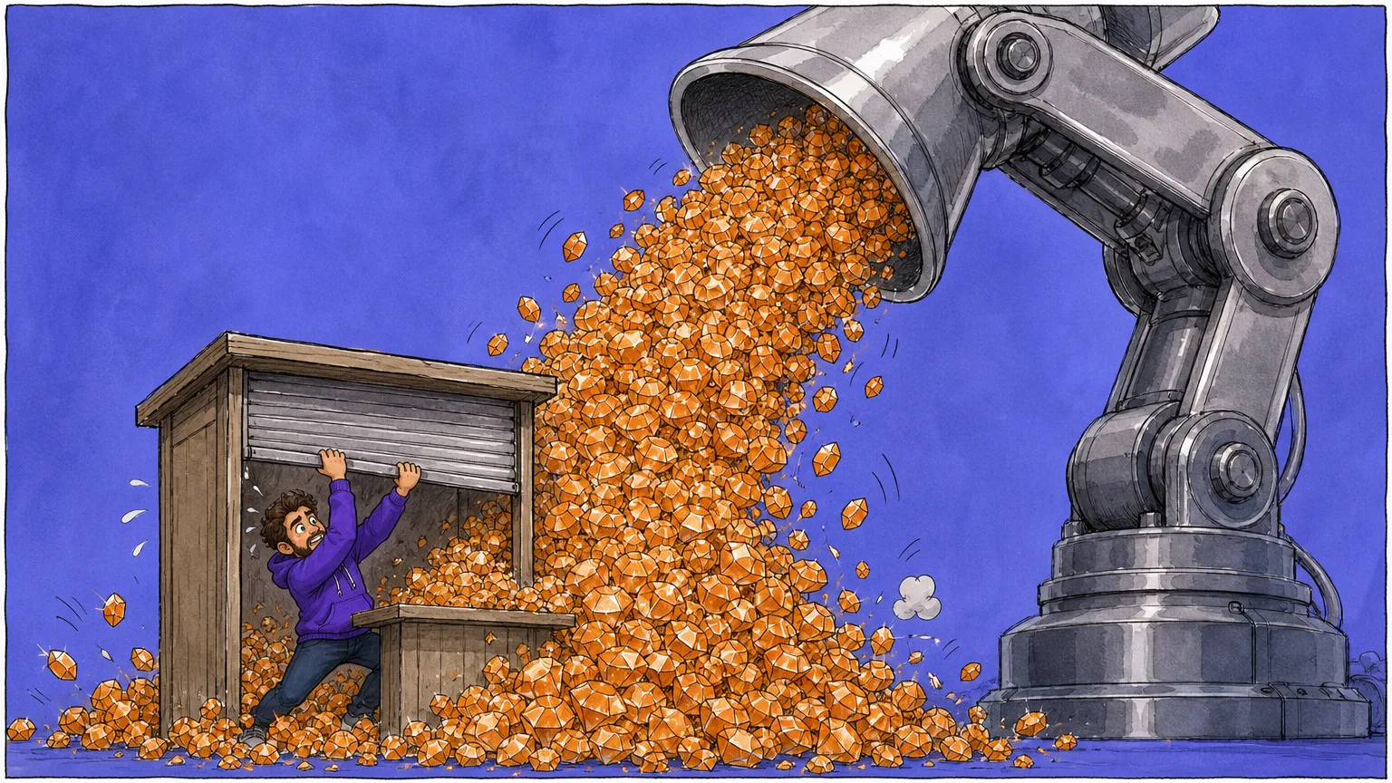 A lone clerk in a tiny wooden registry booth hauls his shutter down while a giant robotic funnel arm pours a torrent of identical gems over the counter and buries him