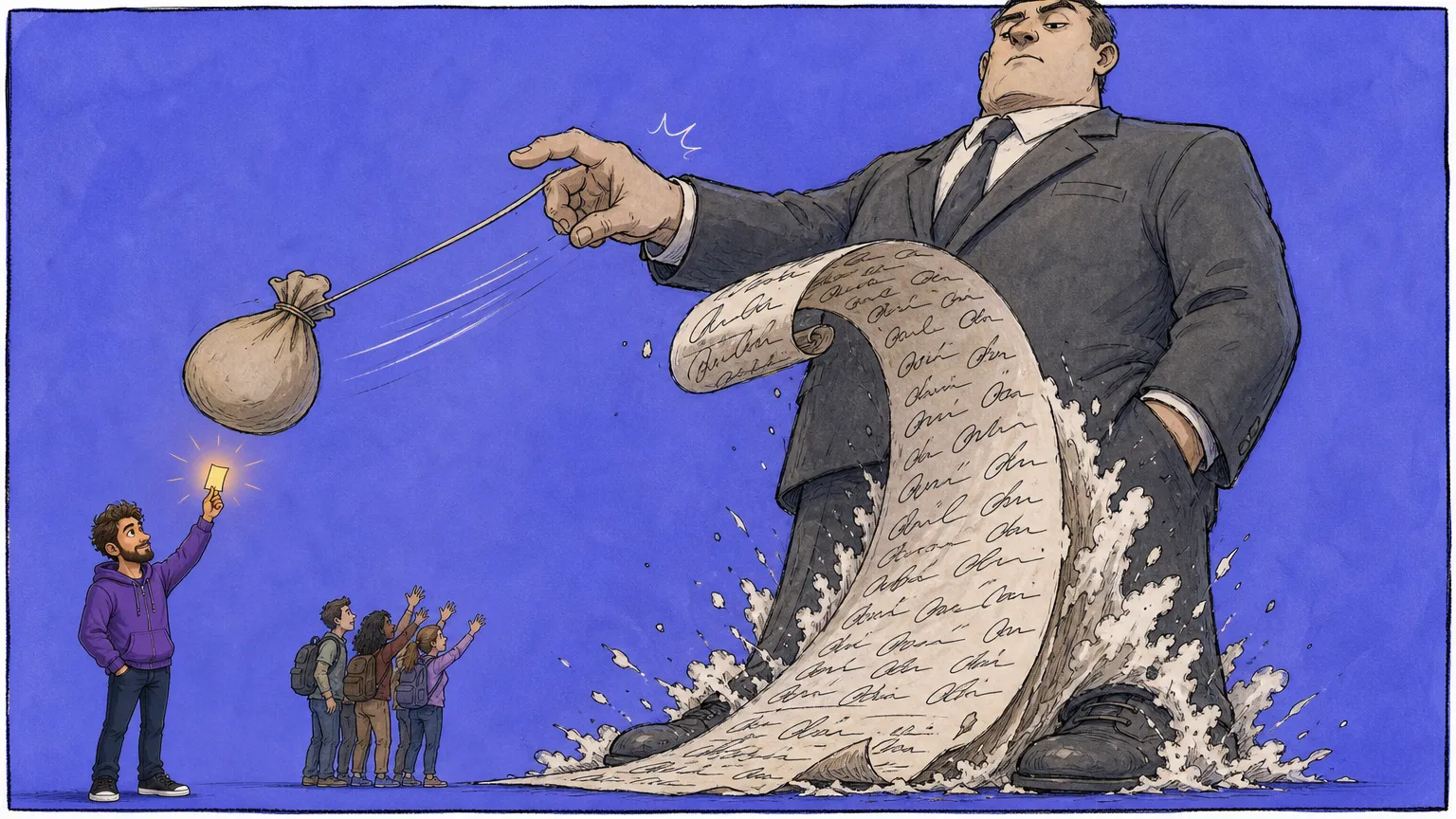 A towering suited figure stands unmoved as a mountain of signatures on an unrolled scroll breaks against his shins, while he yanks a money sack back on a cord out of reach of a small group below