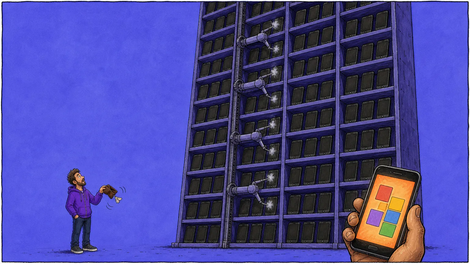 A rack of identical blank handsets each tapped once by a mechanical arm on a rail, with one real human hand playing a puzzle at the far end