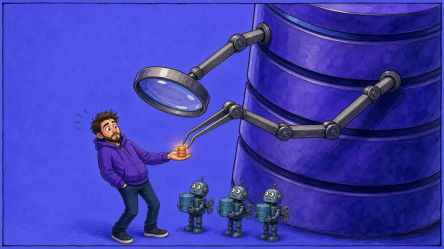 A startled man in a purple hoodie holds out a tiny glowing database on his palm as a towering database silo reaches in with two mechanical arms, holding a giant magnifying glass over it and plucking it up with tweezers, while three small wind-up robots each hug their own little database