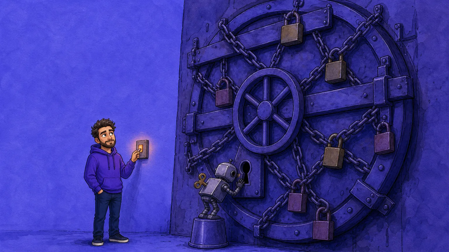 A man in a purple hoodie presses a single small glowing switch on the wall and glances up at a colossal round vault door beside him, wrapped in chains, bolted crossbars and padlocks, while a small wind-up robot on an upturned bucket peers through its keyhole