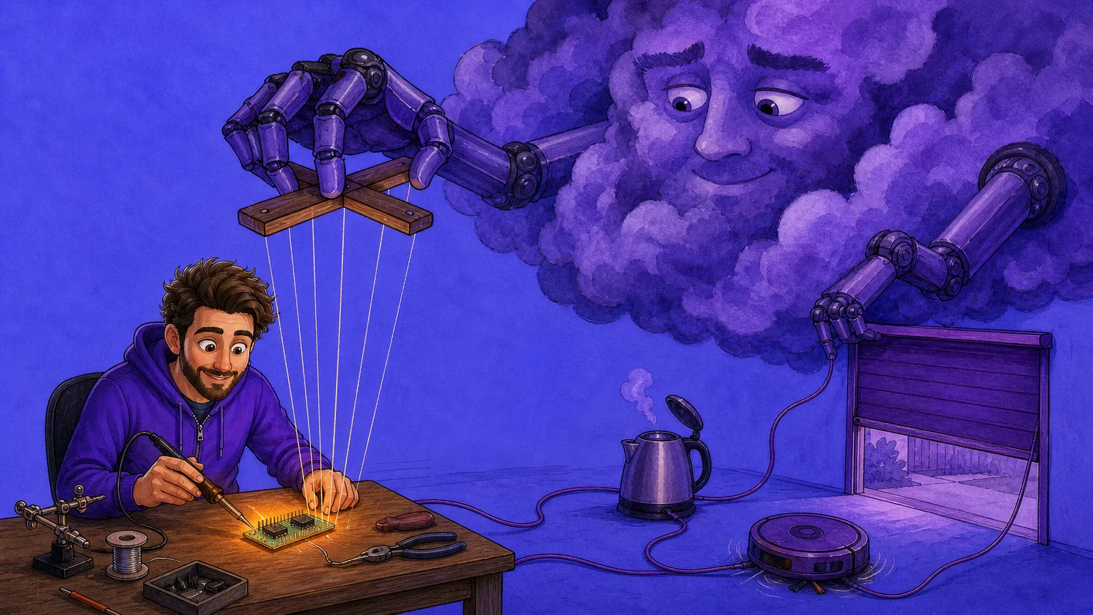 A man in a purple hoodie smiles down at a tiny glowing circuit board he is soldering, unaware that a huge violet cloud with a face and robotic arms holds the puppet strings running into it, while cables from the board snake out to a kettle popping its lid, a moving robot vacuum and a rising garage door
