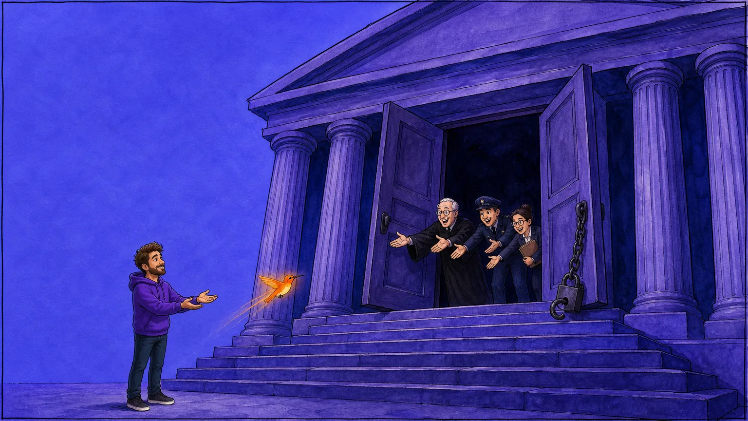 A smiling man in a purple hoodie releases a tiny glowing hummingbird toward a colossal columned government building, whose giant doors stand open with an unlocked padlock dangling from a slack chain, as a judge in a robe, a police officer and an official holding a folder lean out of the doorway with open arms