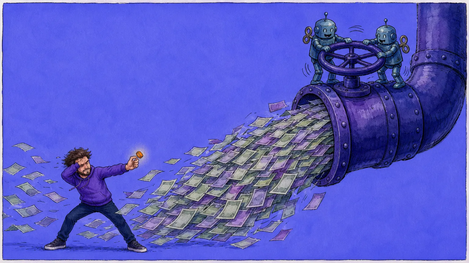 A man in a purple hoodie braces against a torrent of paper money blasting out of a giant riveted pipe, shielding his eyes with one arm and holding up a tiny glowing bottle cap with the other, while two small wind-up robots perched on the pipe turn its big valve wheel