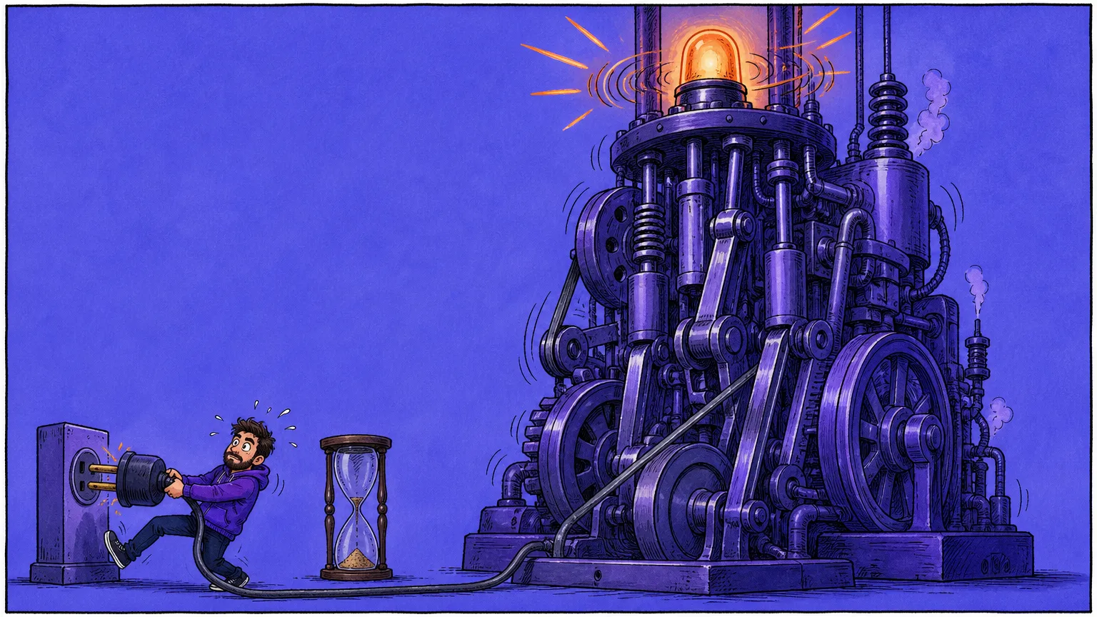 A towering machine of pistons and flywheels keeps churning under a flashing orange alarm beacon, while a wide-eyed man in a purple hoodie, one foot braced on a socket box, yanks its giant plug out by hand beside an hourglass that has nearly run out
