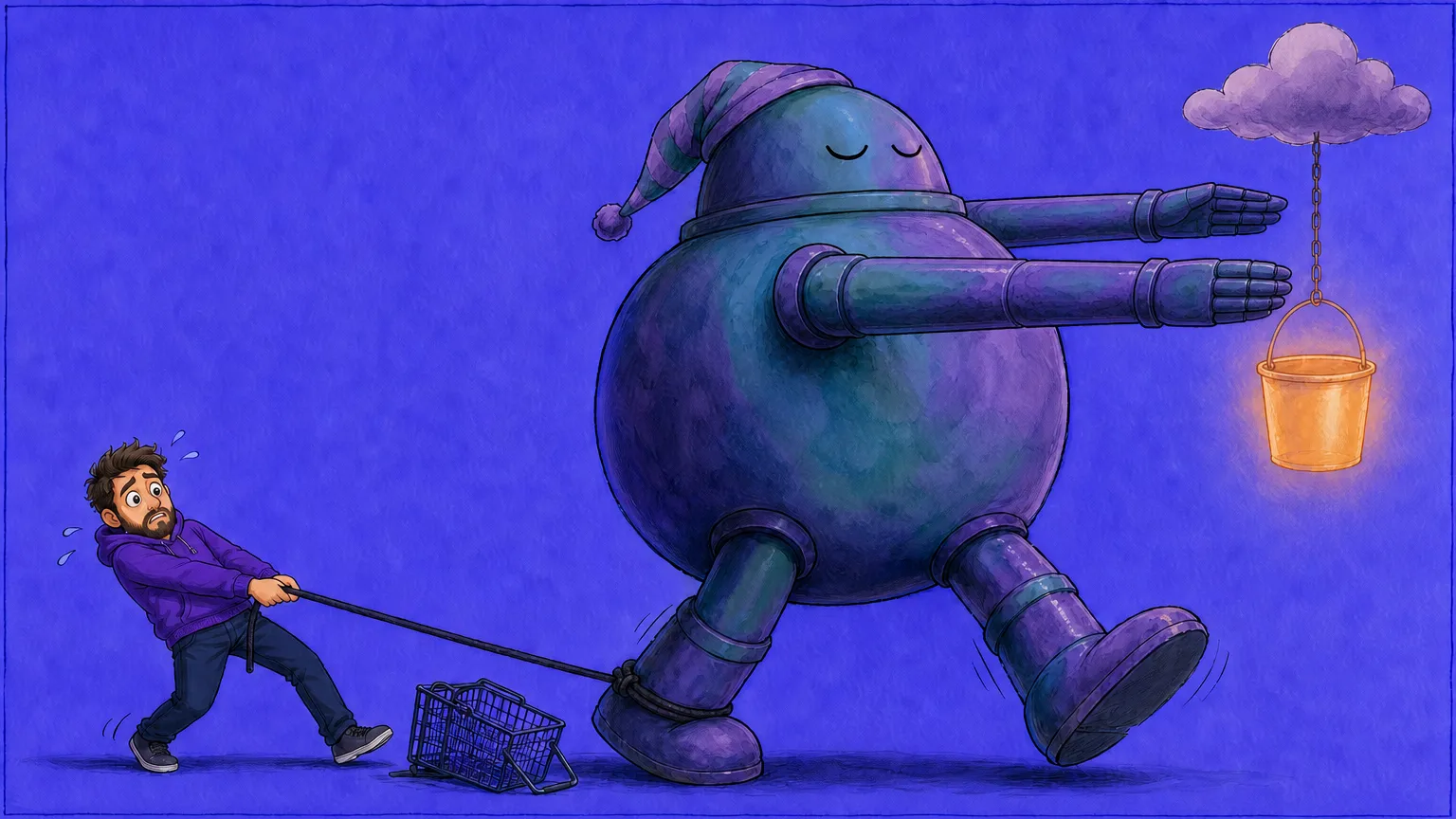 A wide-eyed man in a purple hoodie leans back and hauls on a rope tied to the ankle of a giant sleepwalking robot in a striped nightcap, which plods with eyes shut and arms outstretched toward a glowing orange bucket hanging from a small cloud, leaving a tipped-over shopping basket behind