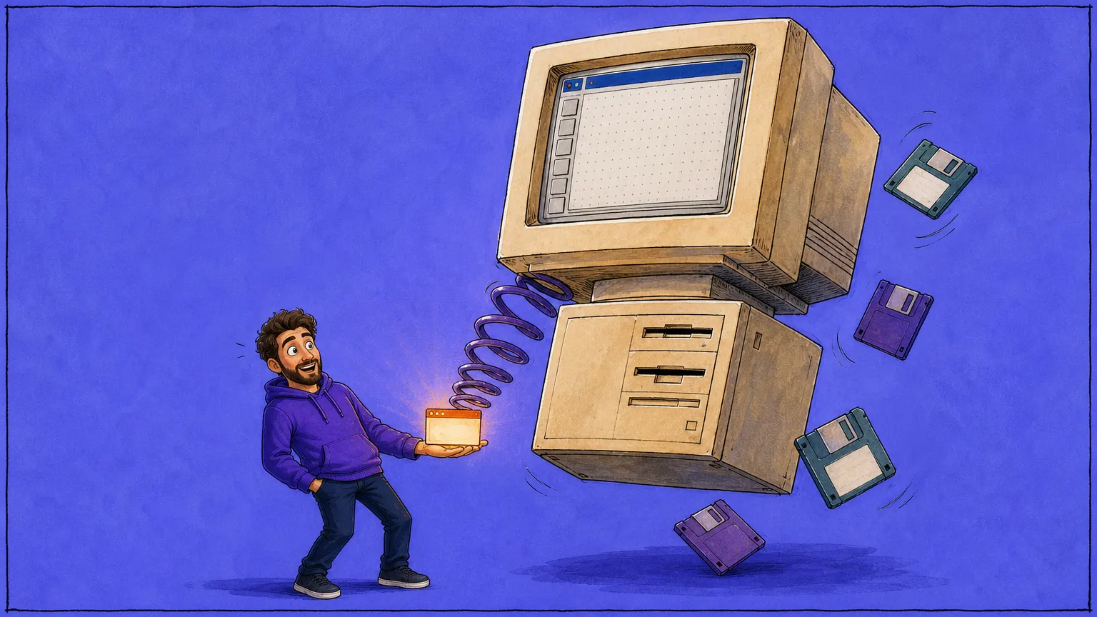 A grinning man in a purple hoodie holds a tiny glowing browser window on one palm as a giant beige 1990s computer bursts out of it on a coiled spring, its bulky CRT monitor showing a gray form-designer window with a dot grid, while floppy disks tumble through the air