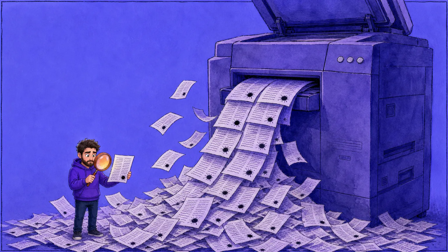 A man in a purple hoodie stands in a drift of paper, peering through a magnifying glass at a page with an ink blot near the bottom, while a towering photocopier spews an avalanche of identical two-column pages, every one blotted in the same spot